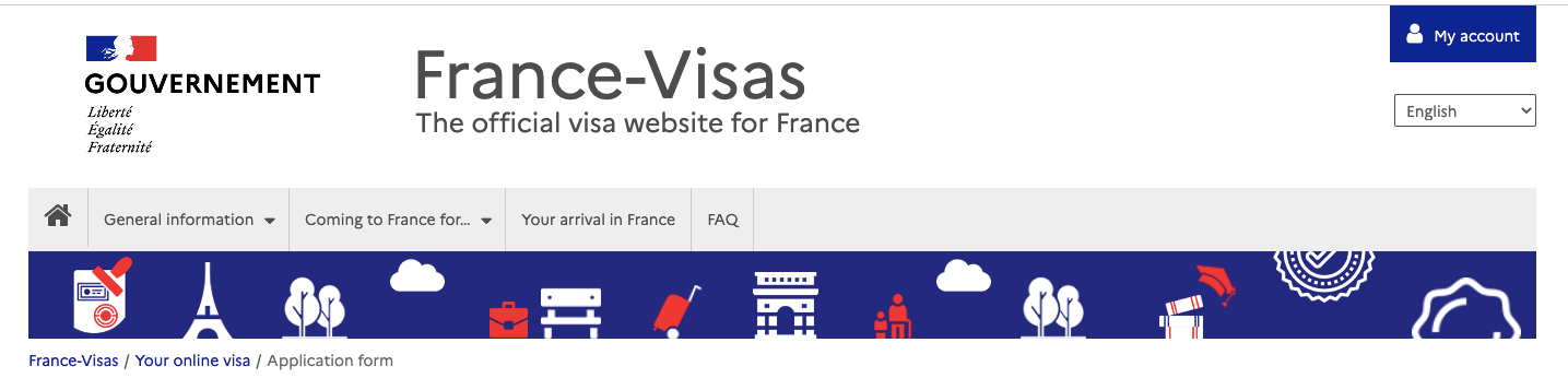 Screenshot of the official France visa application website homepage showing the 'My Account' login button