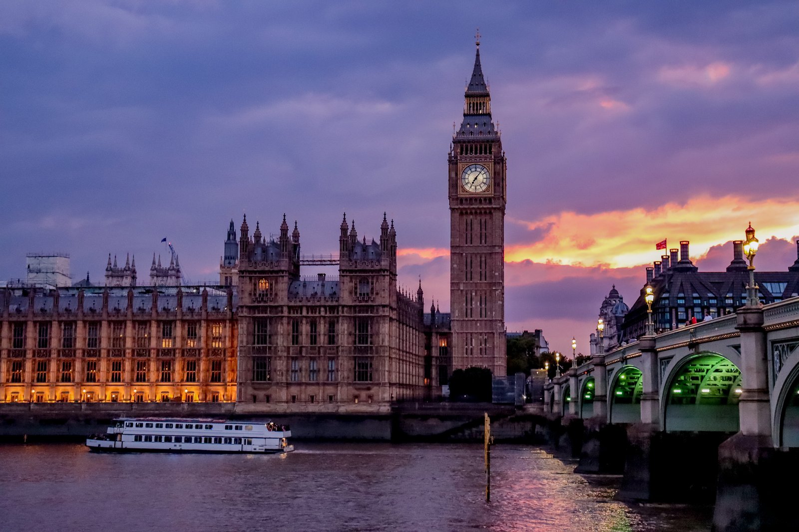 Evening view of Big Ben and Westminster Bridge lit up over the River Thames